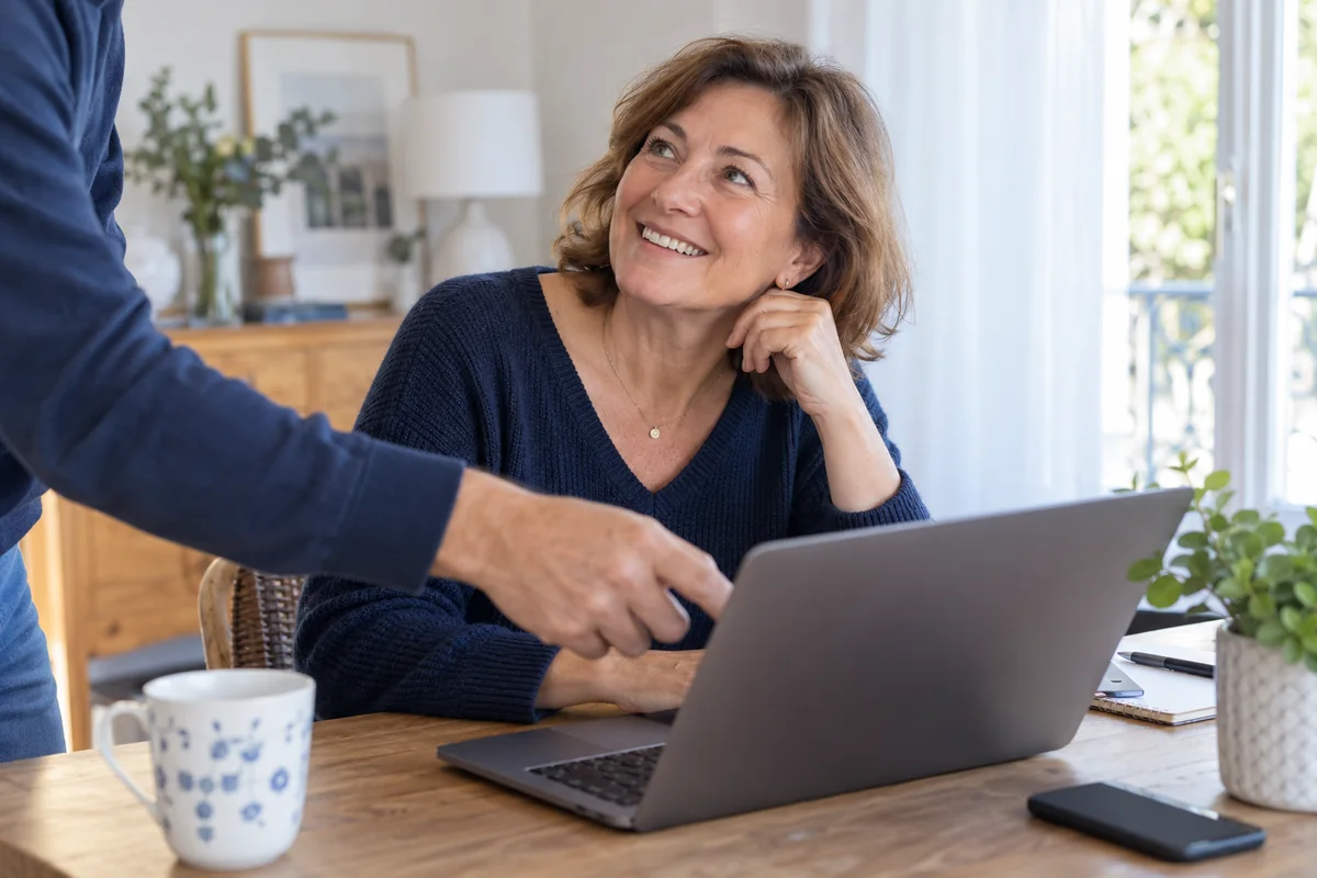 Illustration : une utilisatrice échange avec une personne qui l’aide devant son ordinateur.