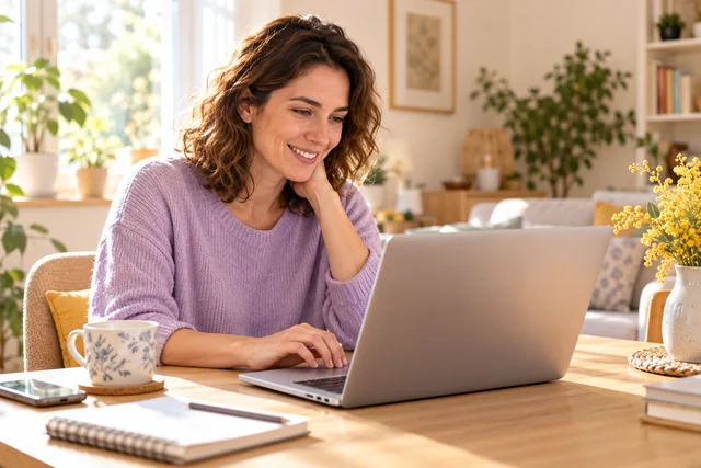 Illustration : une femme sourit en utilisant son ordinateur à la maison.